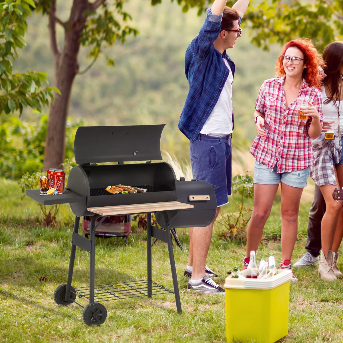 Portable Charcoal BBQ Grill with Offset Smoker Combo, Steel