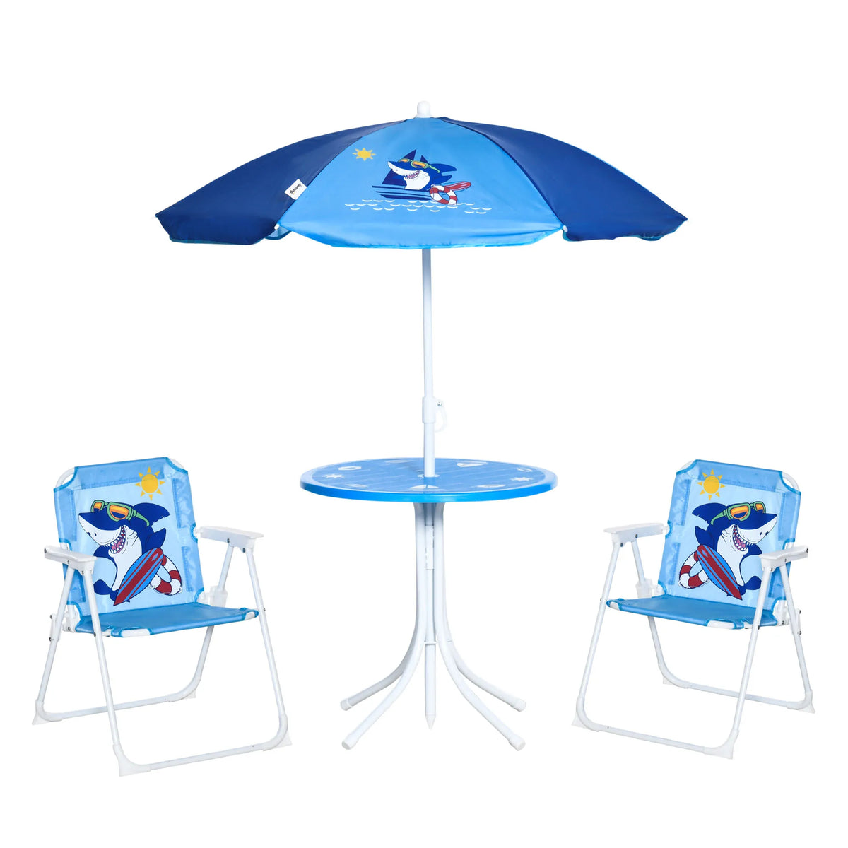 Kids 4 Piece Folding Garden Set with Table 2 Chairs and 6 Bone Parasol Shark Design Metal Blue