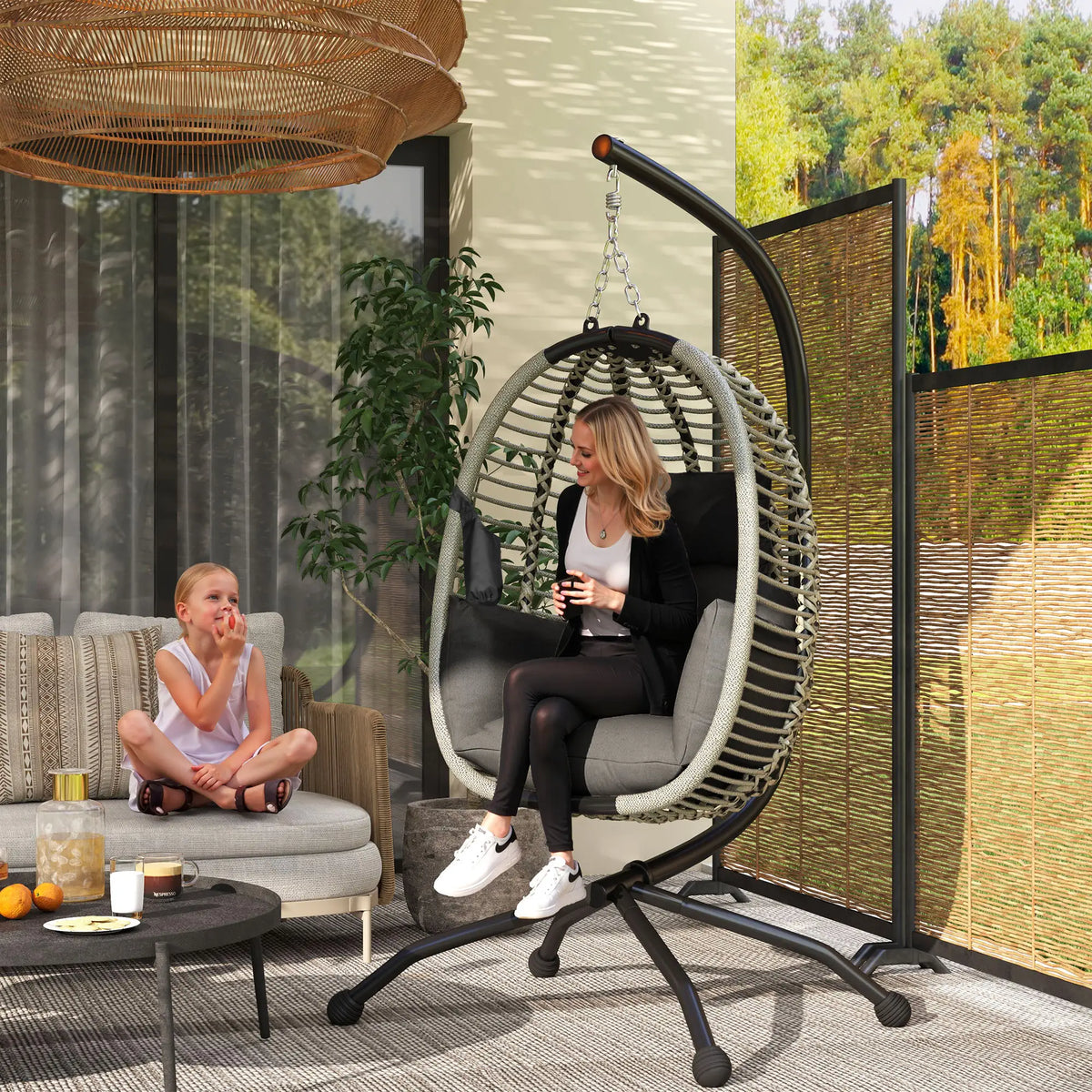 Hanging Egg Chair with Stand 110x100x188cm 20cm Cushion Cup Holders Foldable Basket Steel Dark Grey