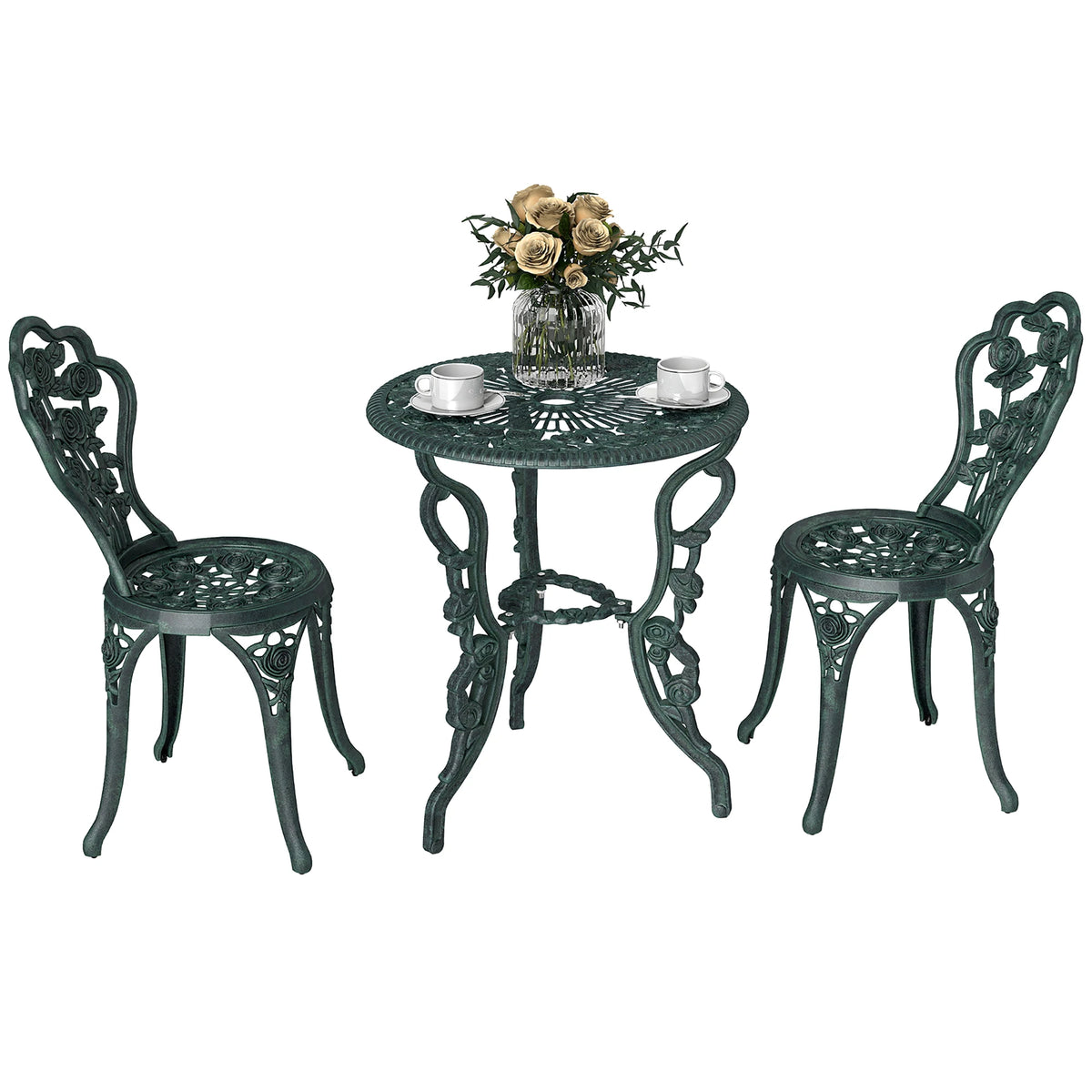 Cast Aluminium Outdoor Patio Garden Bistro Table & Chair Set, Green (3-Piece)