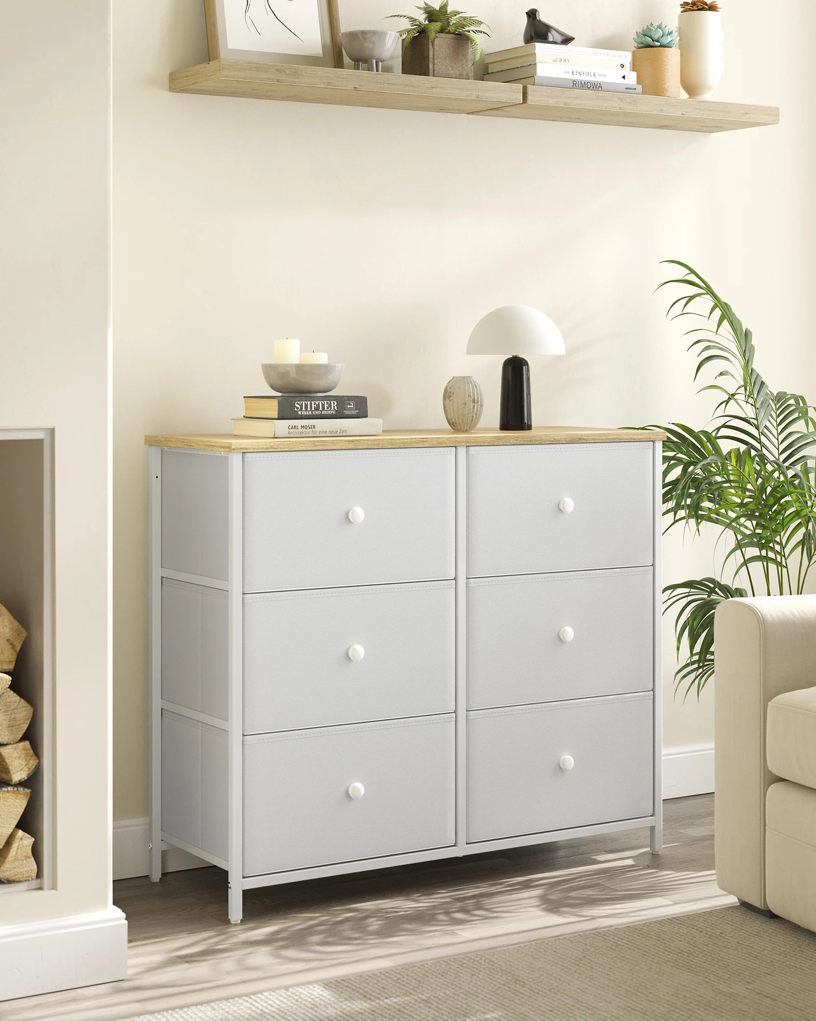 6 Drawer Fabric Chest of Drawers 80x30x71cm Metal Frame Wood Knobs Grey for Bedroom Nursery Hallway