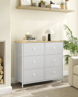 6 Drawer Fabric Chest of Drawers 80x30x71cm Metal Frame Wood Knobs Grey for Bedroom Nursery Hallway