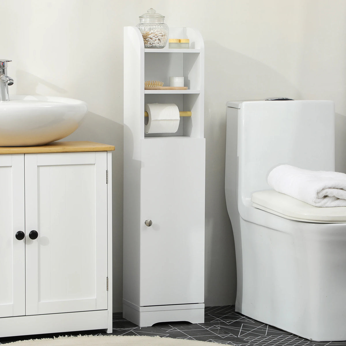 Slim Bathroom Storage Cabinet with Open Shelves and Toilet Roll Holder, White