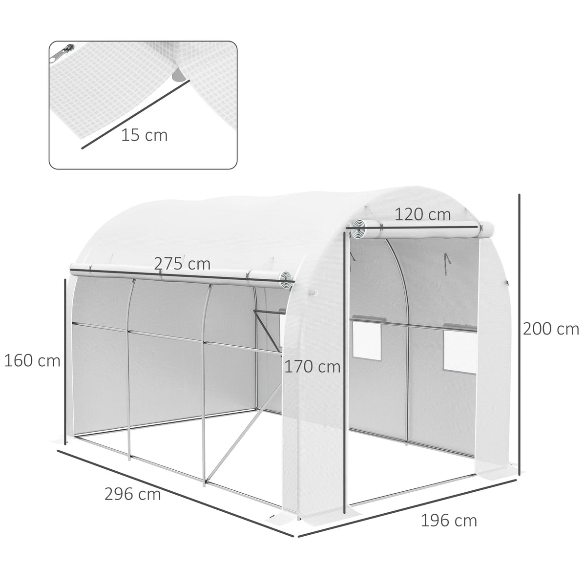 3 x 2m Polytunnel Greenhouse with Roll-Up Door and Mesh Windows, White