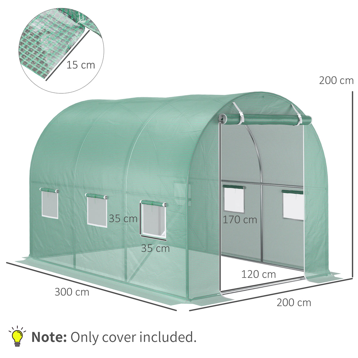 Replacement Greenhouse Cover for 3 x 2 x 2m Walk-in Tunnel Greenhouse, Green (Cover Only)