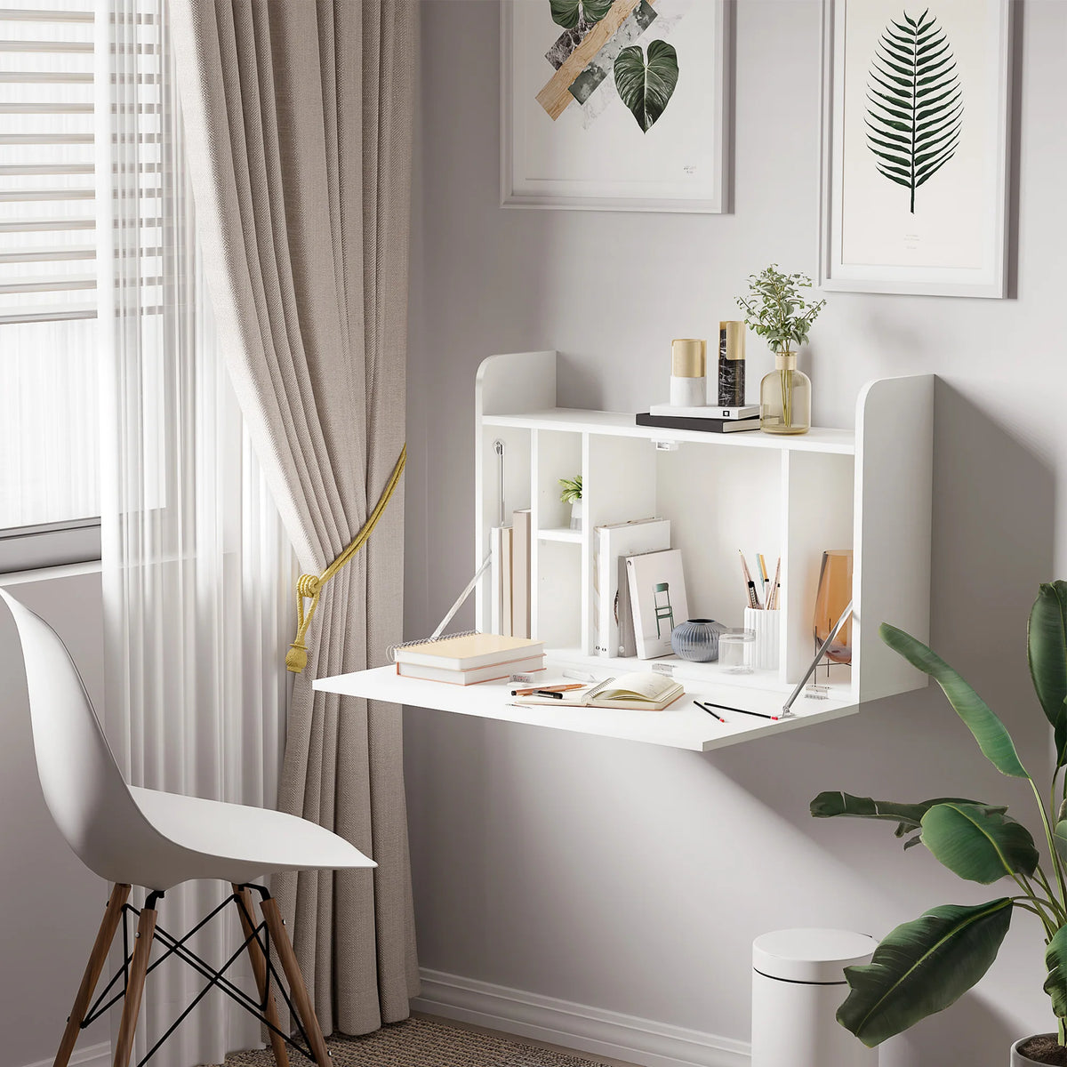 Wall-Mounted Drop-Leaf Desk with Storage Compartments, White