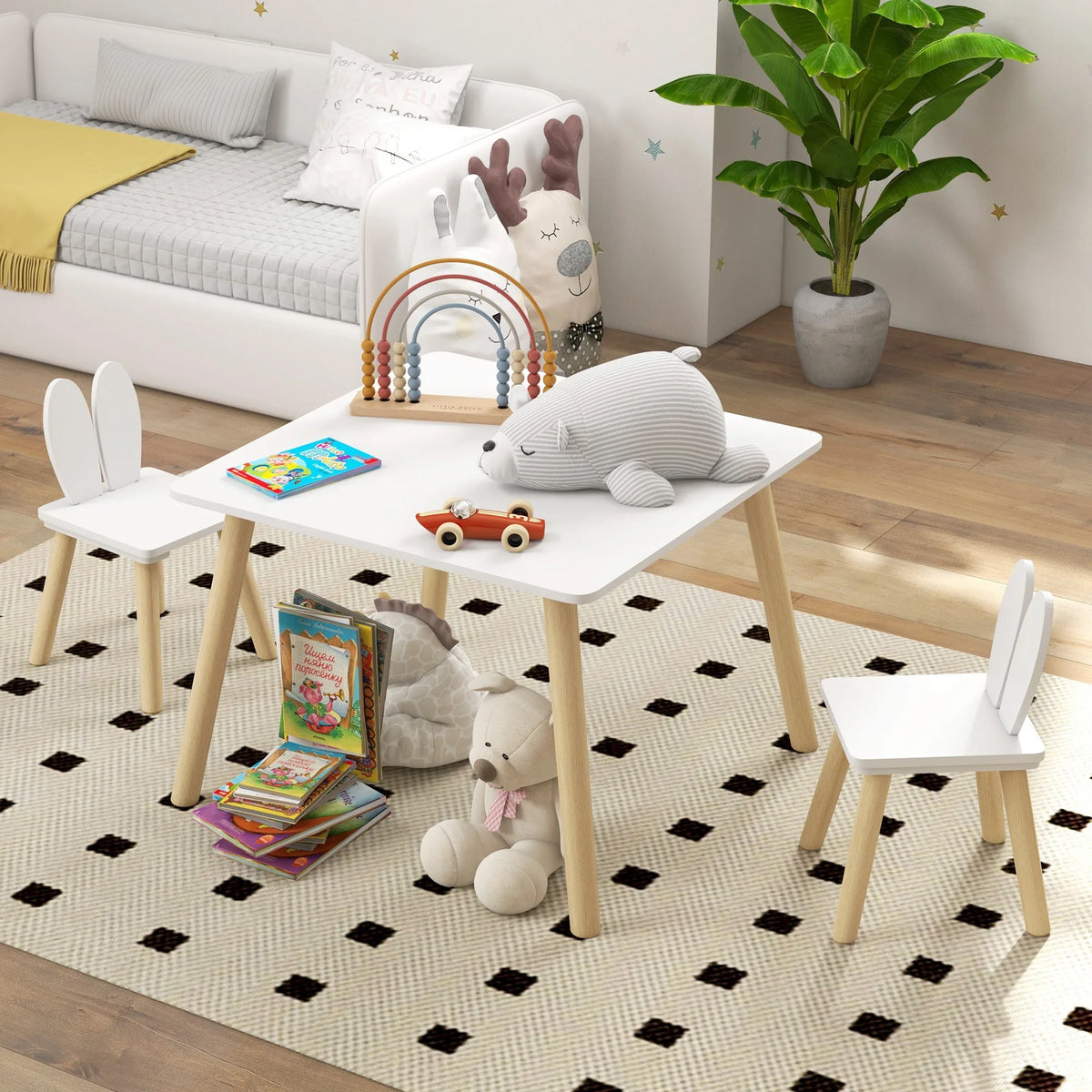 3 Piece Toddler Table and Chair Set with Bunny Ear Backrests MDF and Pine Wood Legs Chairs Tuck Under White