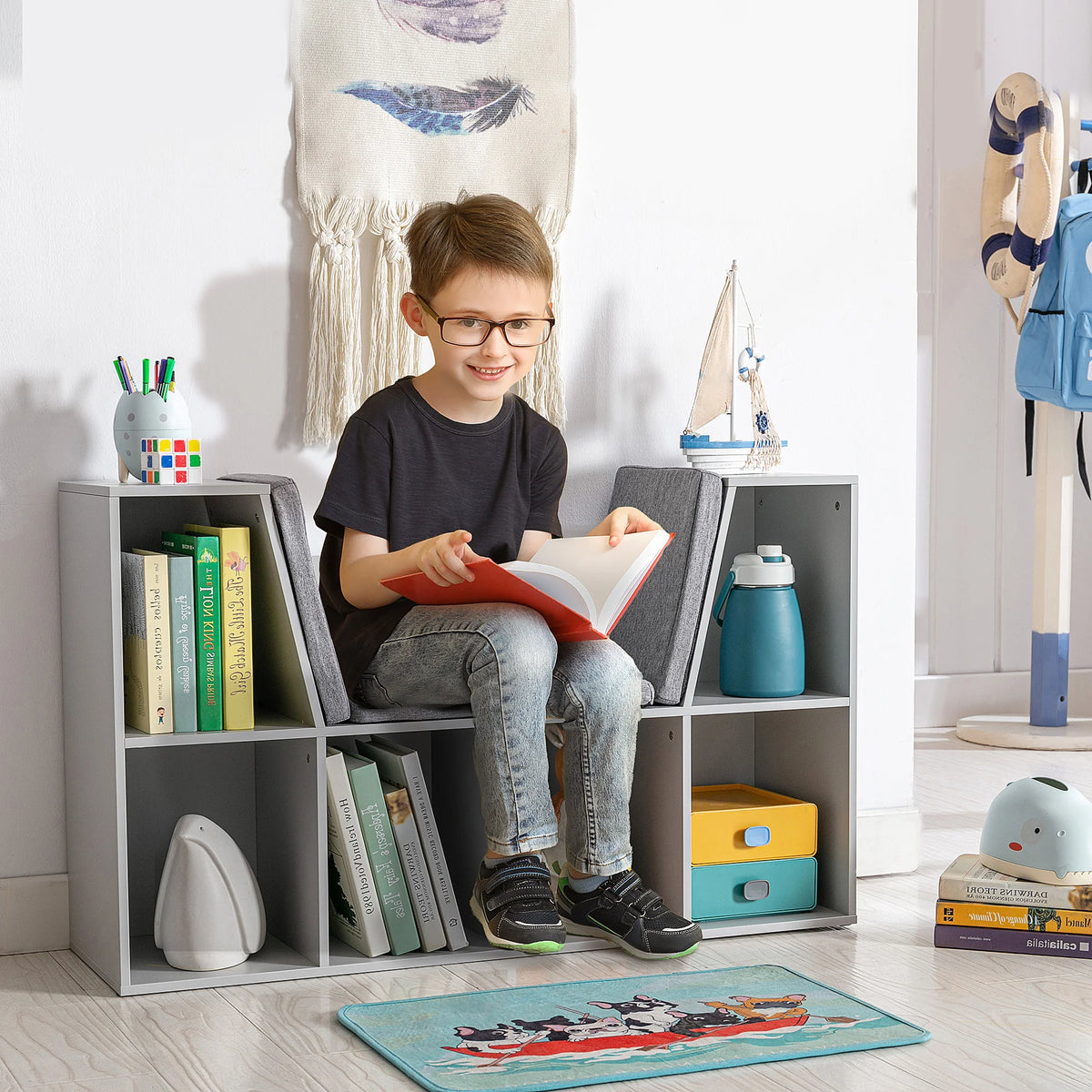 Kids Bookcase with 6 Compartments and Cushion Seat MDF Melamine Storage Unit 50kg Capacity Grey