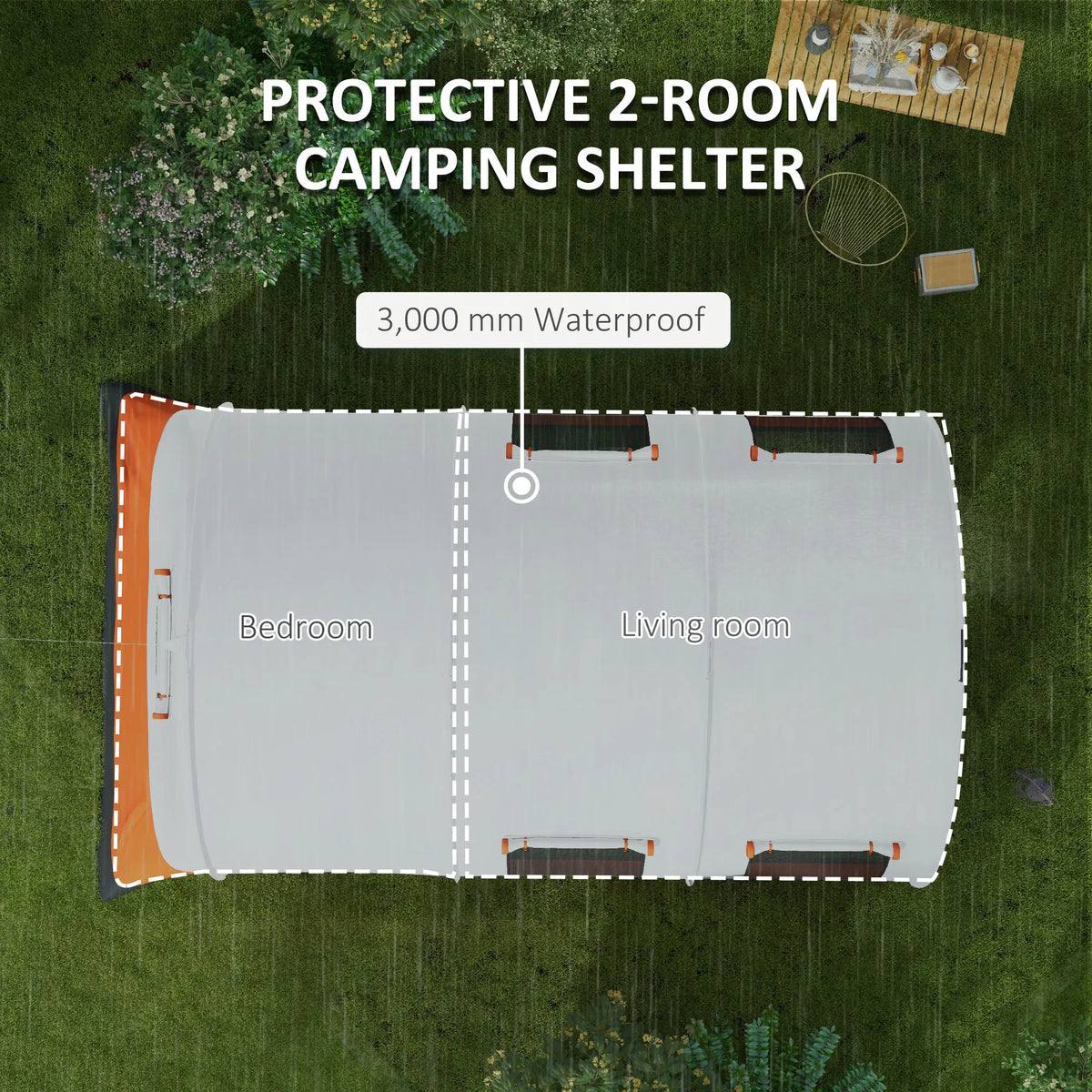 5-6 Man Camping Tent, 3000mm Waterproof Tunnel Family Tent Shelter with Living and Bedroom