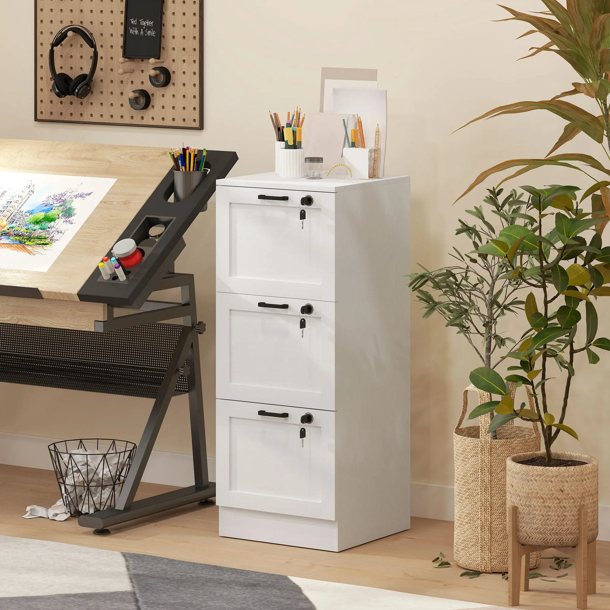 Lockable 3-Drawer Filing Cabinet for A4 and Letter Files, White