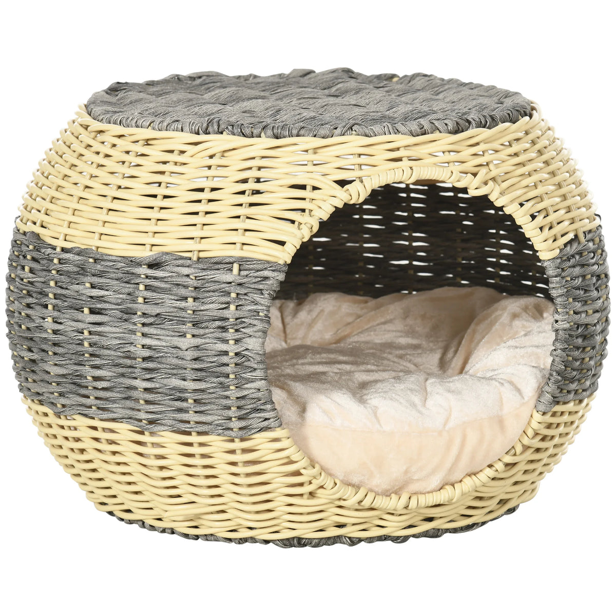 Wicker Cat House 40x30cm Raised 2 Layer Rattan Cat Bed with Washable Velvet Cushion Beige and Grey