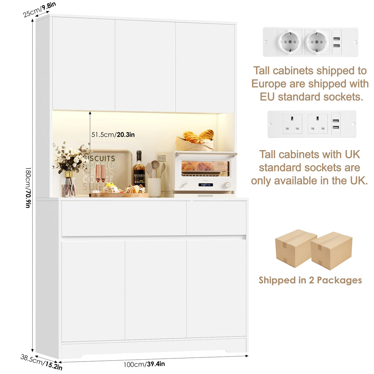 180cm Tall Kitchen Cabinet with LED Lighting and Power Outlet | Sideboard with 6 Doors 2 Drawers and Adjustable Shelves