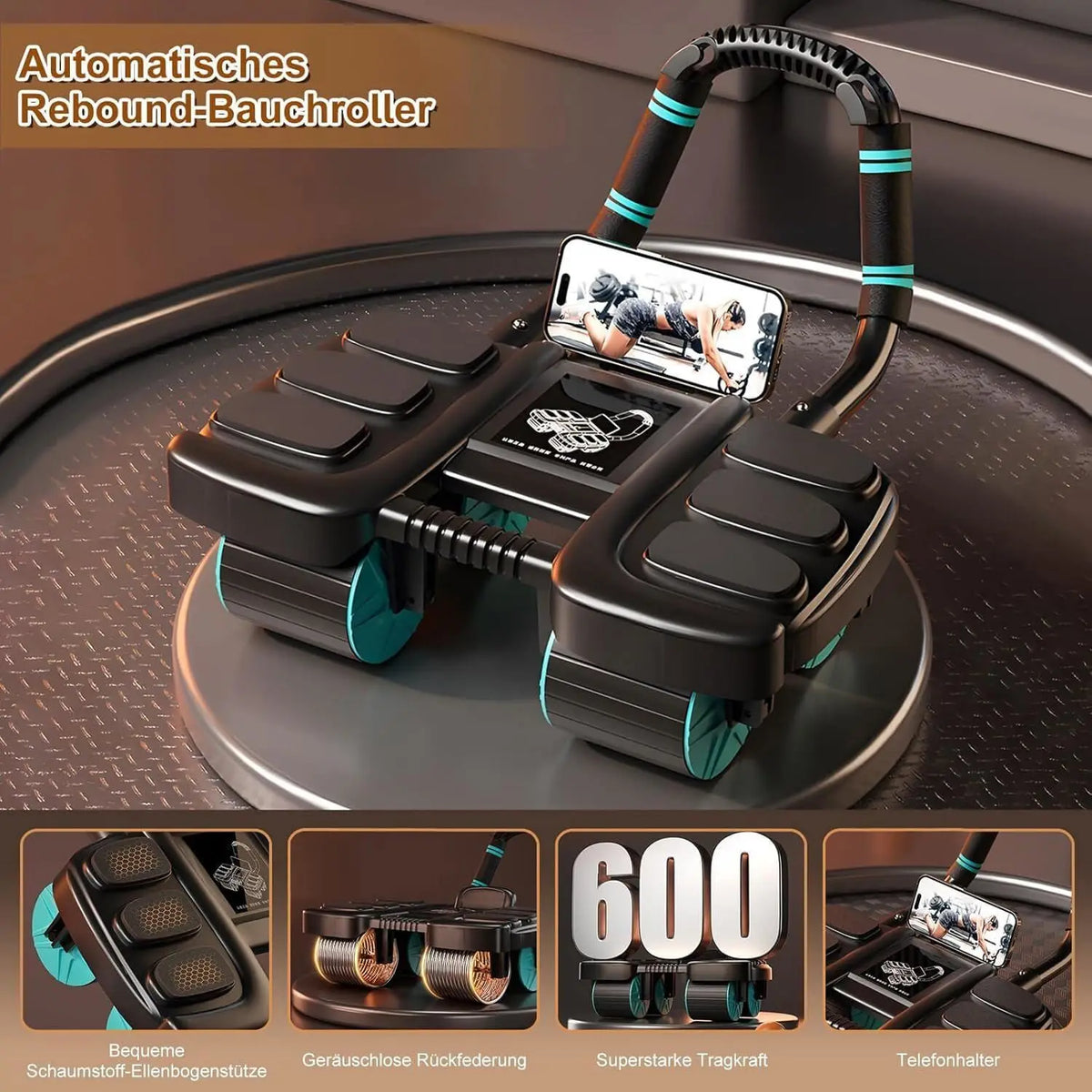 Automatic Rebound Ab Roller 4 Wheel Design with Elbow Support Multi Layer Quiet Floor Friendly Core Trainer