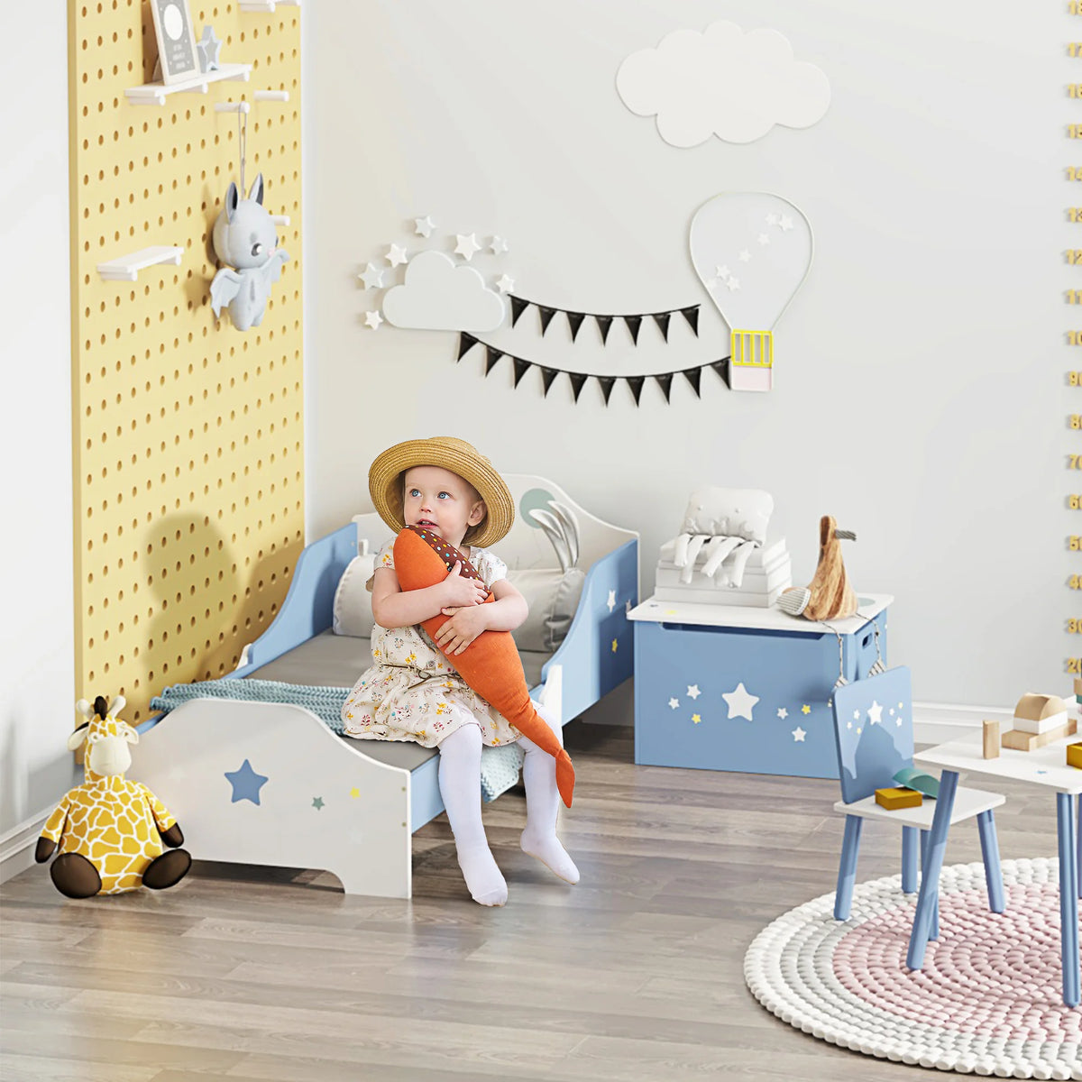 Toddler Bed Frame with Guardrails Low Rise Poplar Wood and MDF with Slats Star Design 50kg Blue and White