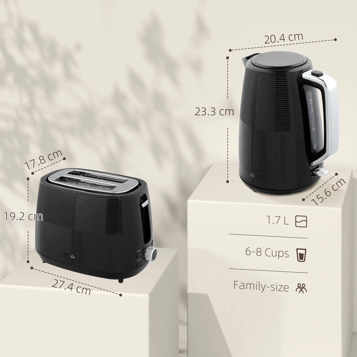 1.7L Fast Boil Kettle and 2 Slice Toaster Set with 7 Level Browning, Black