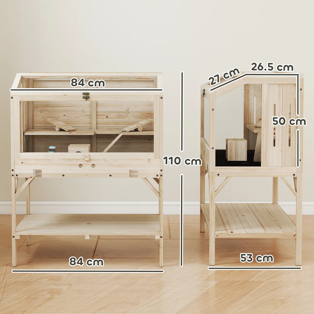 2 Tier Wooden Hamster Cage with Storage Shelf Clear Panels Seesaws Ramps and Side Vents Natural
