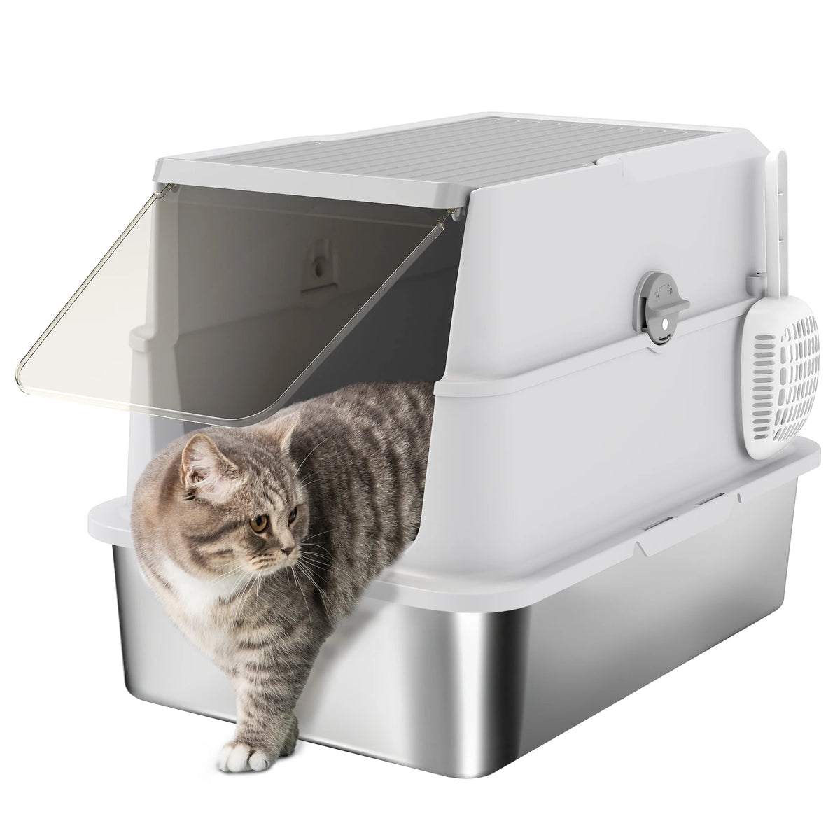 Extra Large Stainless Steel Cat Litter Tray with Scoop, Flip Top