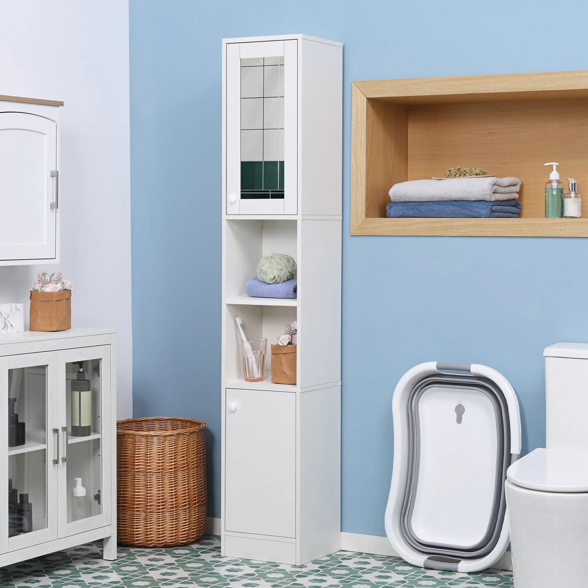 Tall Narrow Bathroom Cabinet with Mirror, Shelves and Cupboards, White