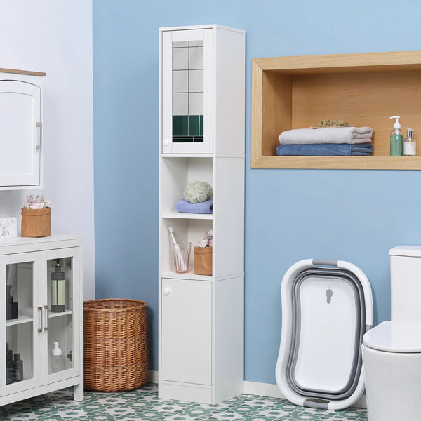 Tall Narrow Bathroom Cabinet with Mirror, Shelves and Cupboards, White