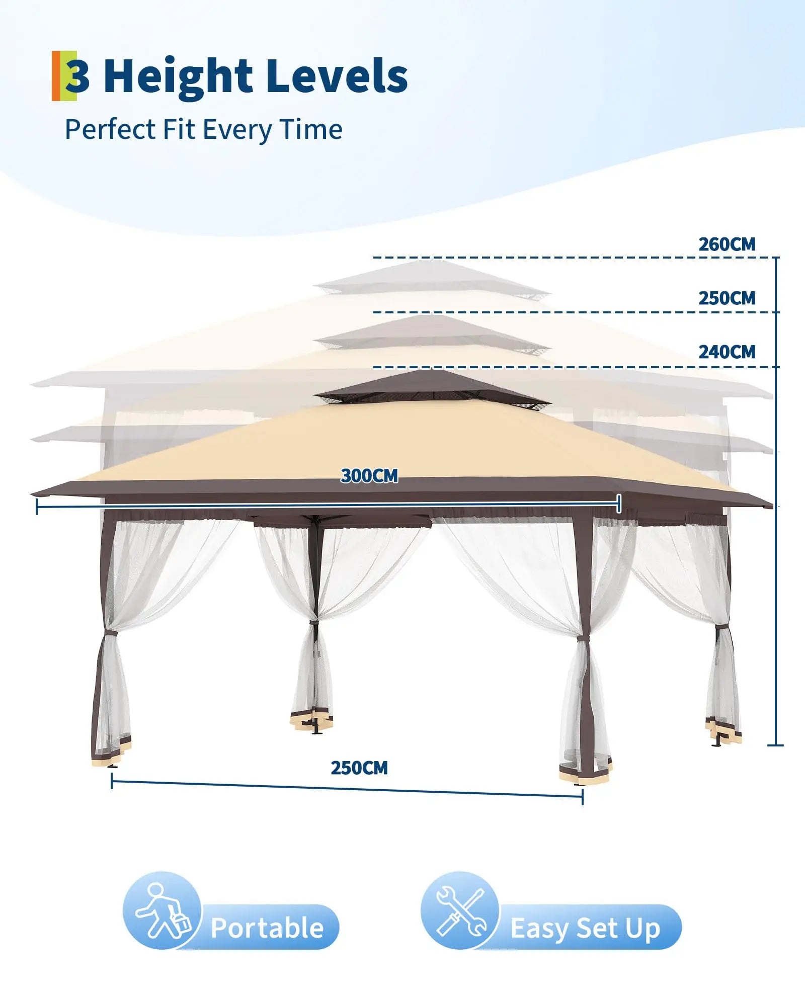 3 x 3m Heavy Duty Pop Up Canopy Gazebo with 4 Removable Mosquito Net Sidewalls Waterproof Sun Shelter for Camping and Outdoor Events