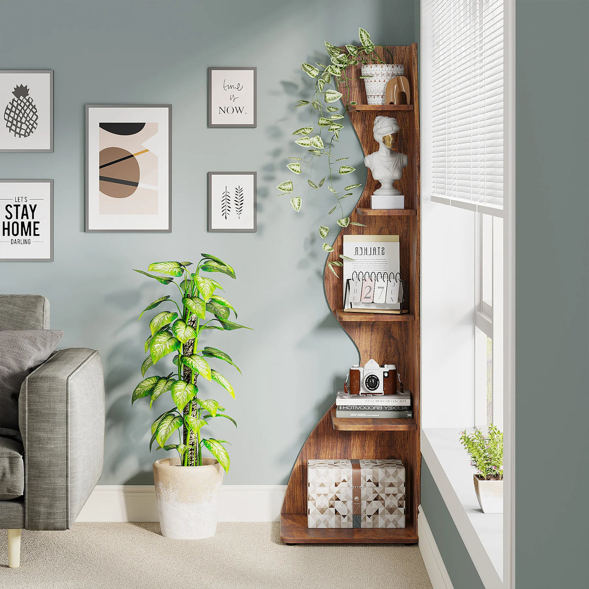 5-Tier Rustic Corner Wall Bookshelf with Sea Grass Design | Vintage Brown Corner Shelf Plant Stand