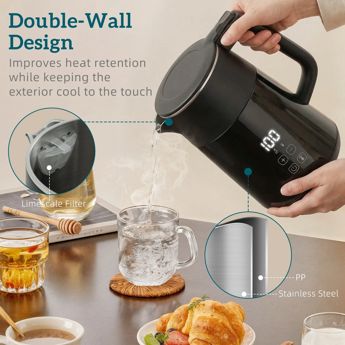 1.7L 3kW Electric Kettle with 7 Temperature Settings and Keep Warm, Black