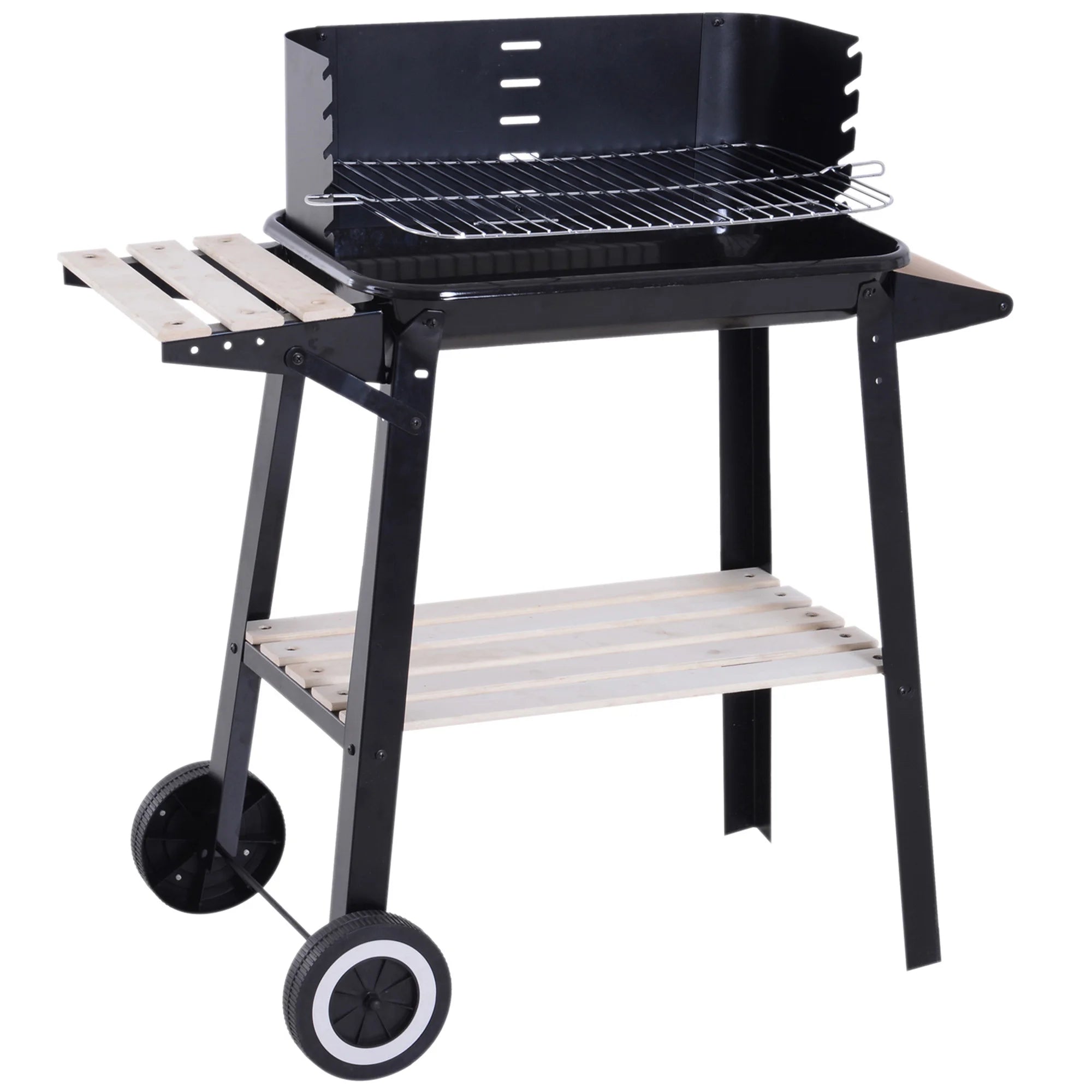 Charcoal BBQ Grill Trolley with Adjustable Height 4 Levels Wind Shield 2 Shelves Enamel Coated Garden Outdoor