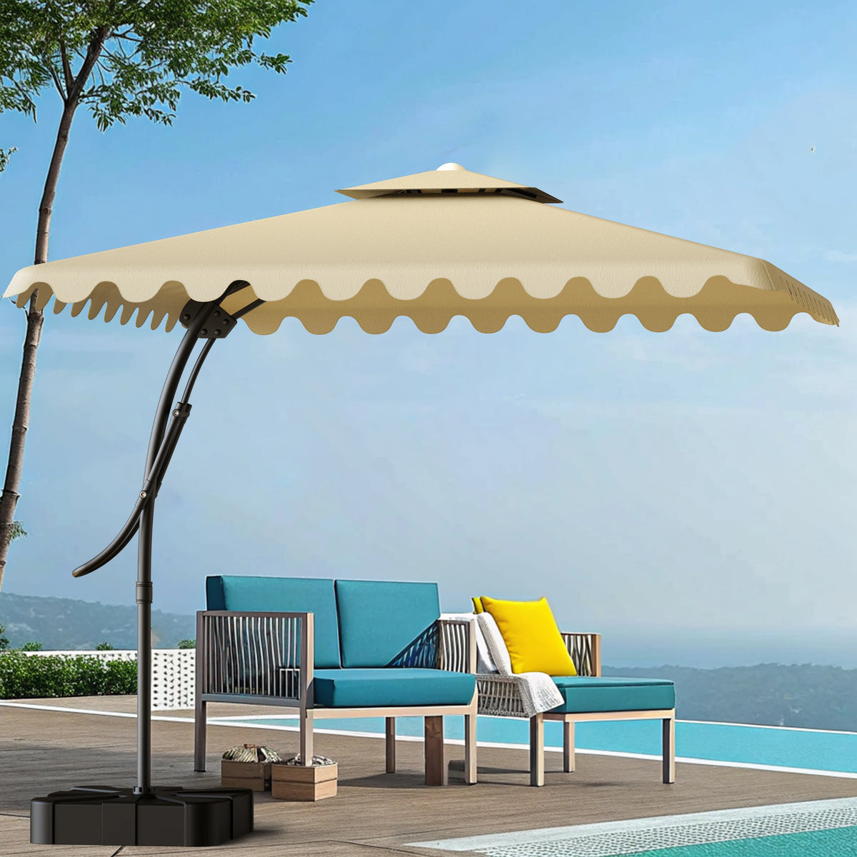 Square Cantilever Patio Umbrella, 2.5m Double Top Design, Khaki