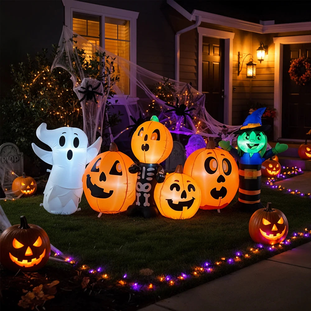 8ft Halloween Inflatable Pumpkin, Witch and Ghost Decoration with LED Lights