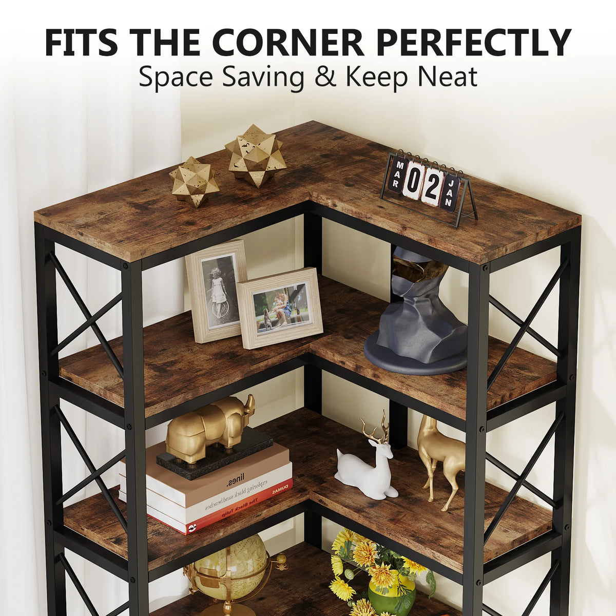 7-Shelf Large Corner Bookcase 200cm Tall with Metal Frame | L-Shaped Display Shelf for Living Room Office