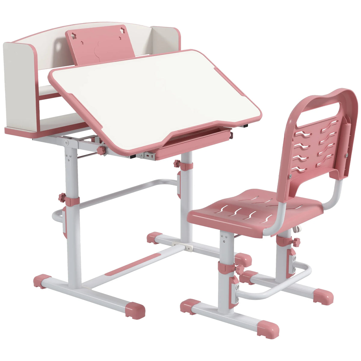 Kids Study Desk and Chair Set Height Adjustable 45 Degree Tilting Top with Drawer Bookshelf and Non Slip Mat