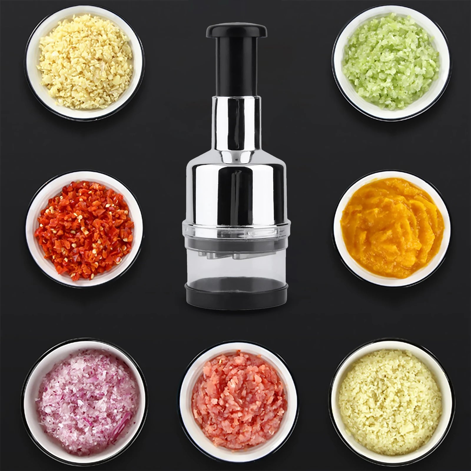 Manual Slap Press Food Chopper with Stainless Steel Blades | Handheld Mincer for Onions Garlic Nuts Herbs