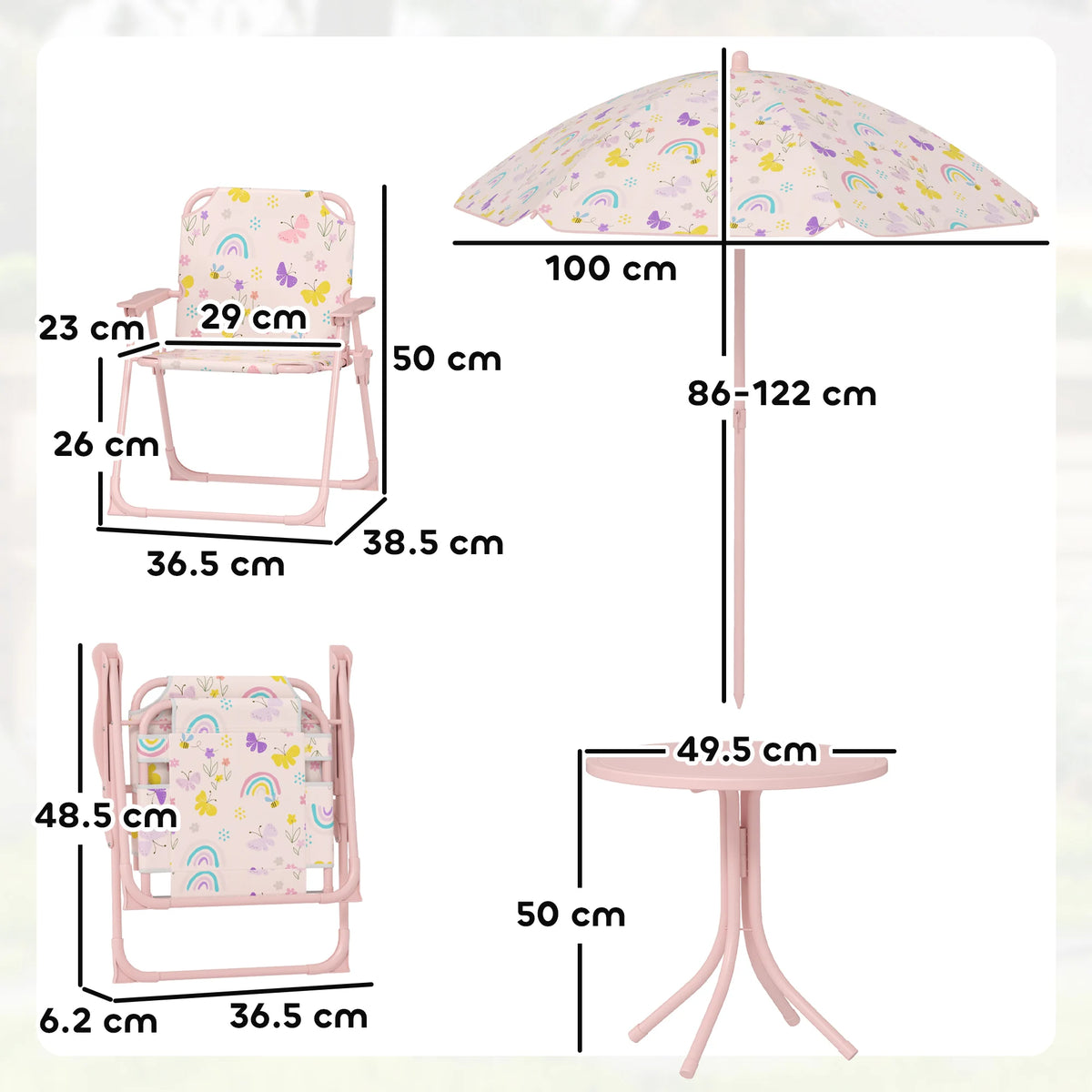 Kids Garden Table and Chair Set with Parasol 4 Piece Folding Outdoor Patio Set Rainbow Design Pink