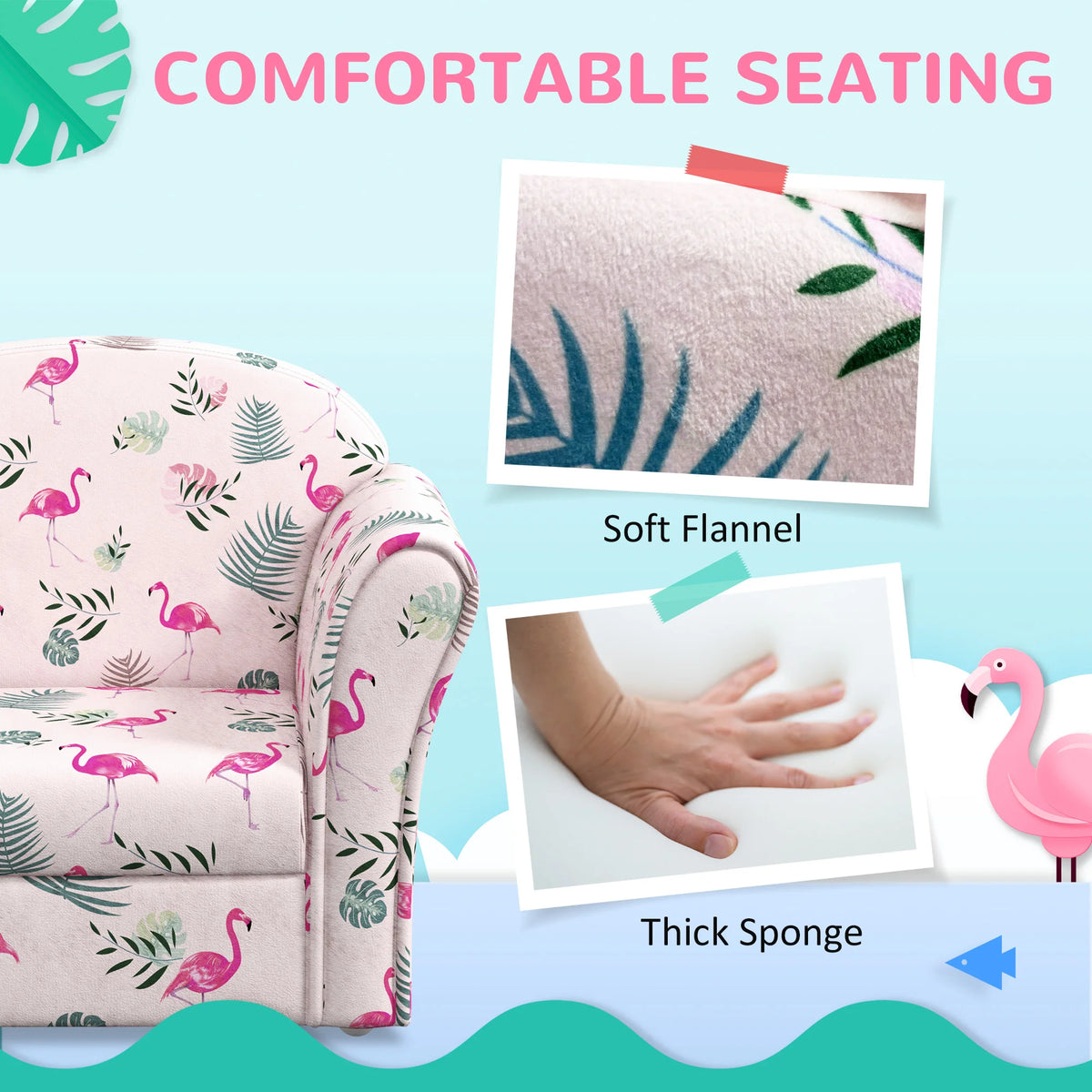 Kids Sofa Chair with Flamingo Design Wooden Frame Upholstered Toddler Armchair for Ages 18-36 Months