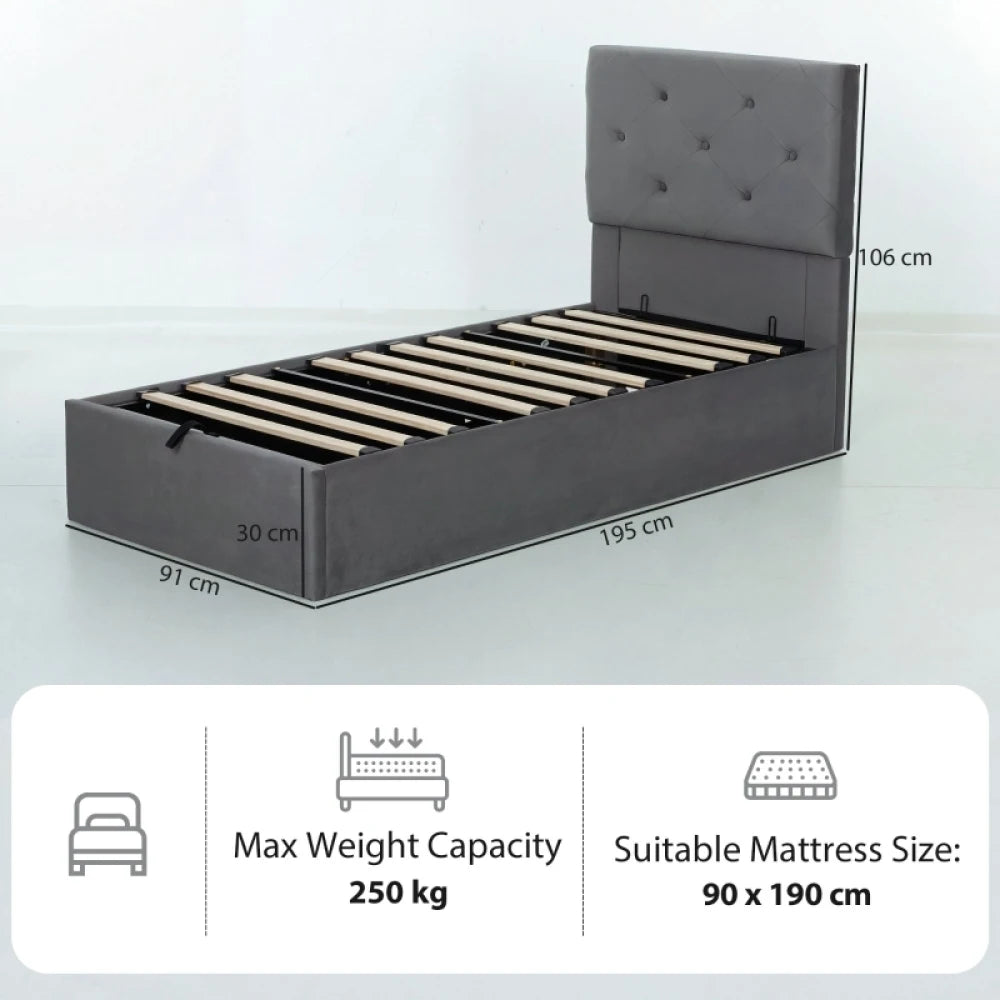 90 x 190cm Single Gas Lift Storage Bed Frame, Dark Grey Velvet Button-Tufted Headboard, BS5852 Fire-Retardant