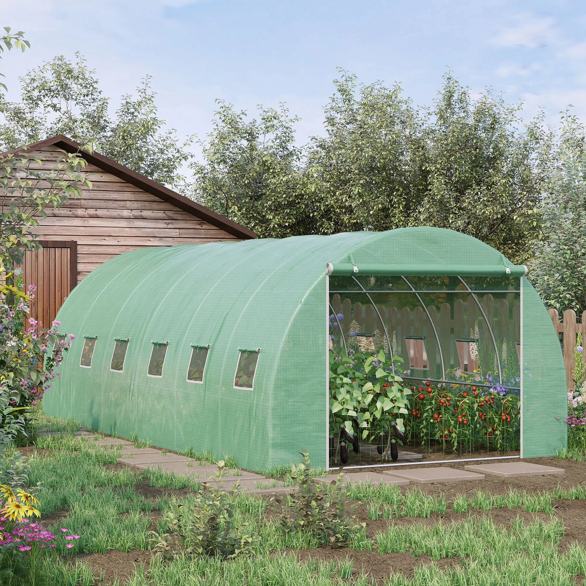 6 x 3m Walk-In Polytunnel Greenhouse with Zipped Roll-Up Door, Green