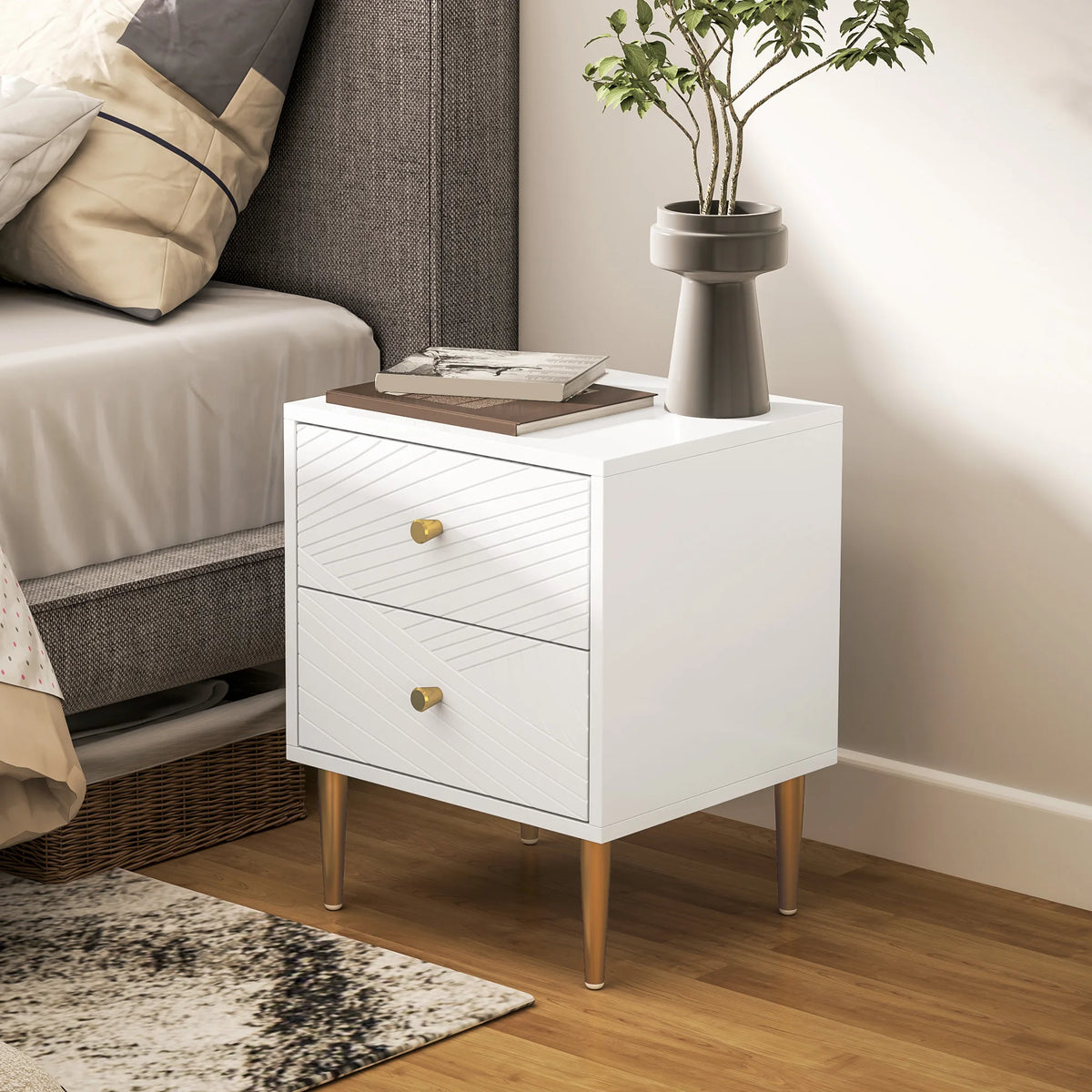 Modern Bedside Table with Drawer, Side Table with Metal Legs, White