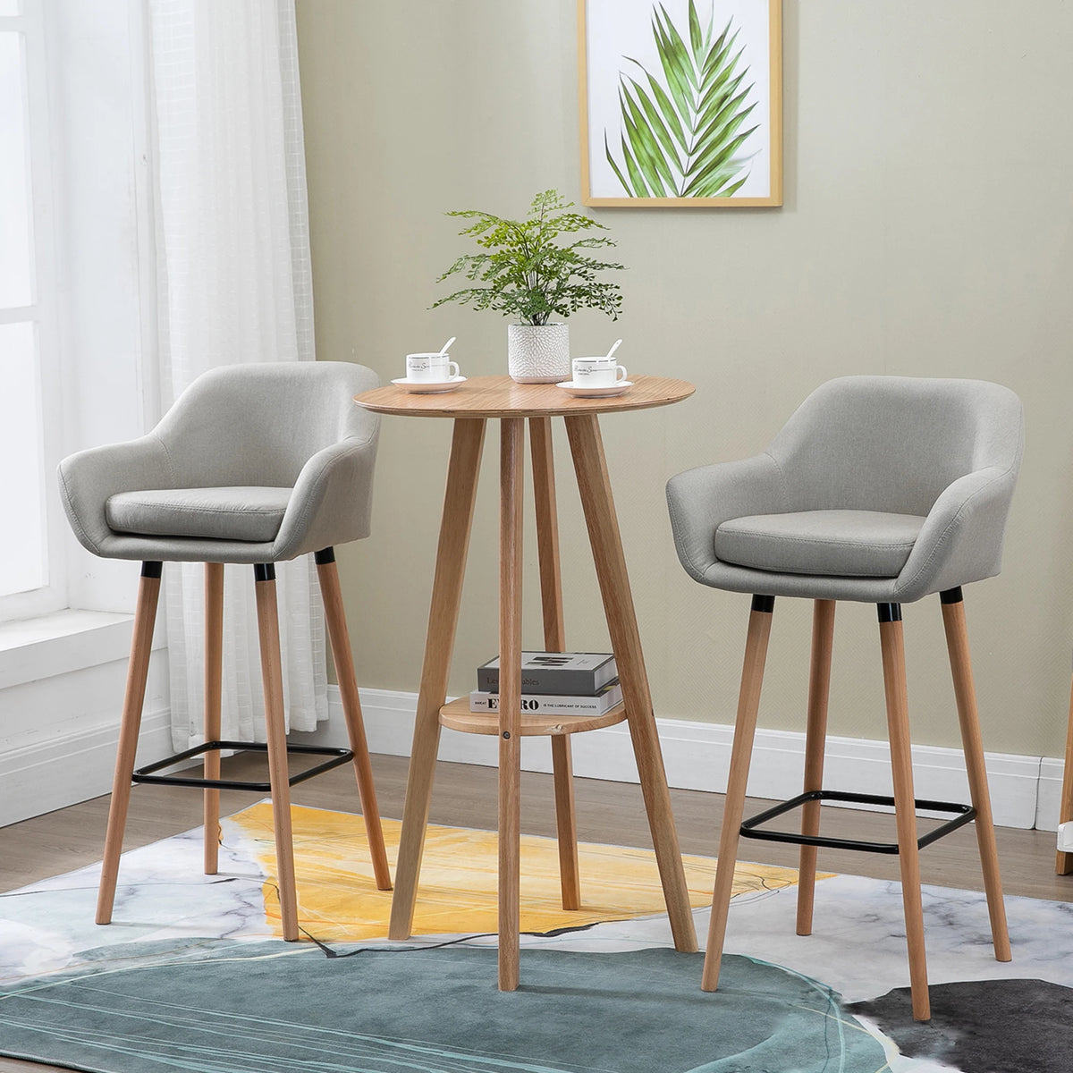 2 PCs Upholstered Bucket Seat Bar Stools w/ Solid Wood Legs Beige