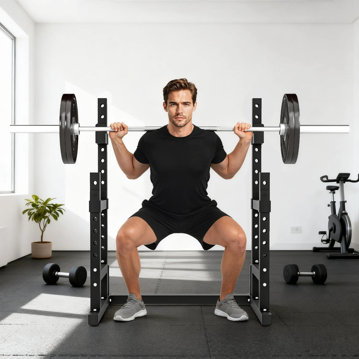 Adjustable Squat Rack with Safety Spotters and Plate Storage, 300kg Max Load, Black