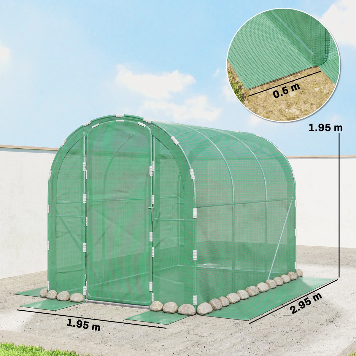 Walk-In Polytunnel Greenhouse with Hinged Door, 3 x 2 x 2m, Green
