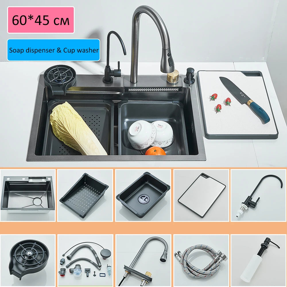 60 x 45cm Stainless Steel Single Bowl Kitchen Sink with Waterfall Faucet and Cup Washer, Above Counter