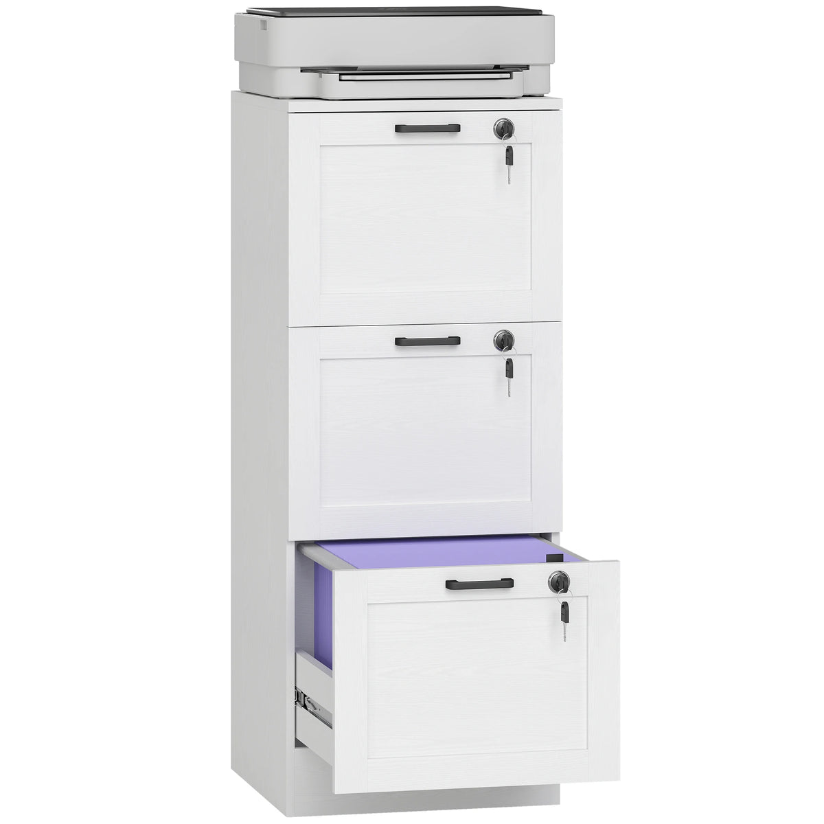 Lockable 3-Drawer Filing Cabinet for A4 and Letter Files, White