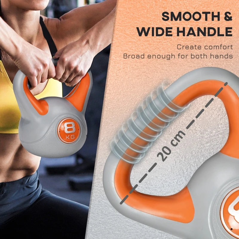 8kg Kettlebell with PU Cover Wide Grip and Flat Base 20x14x24cm Home Gym Strength Training Orange and Grey