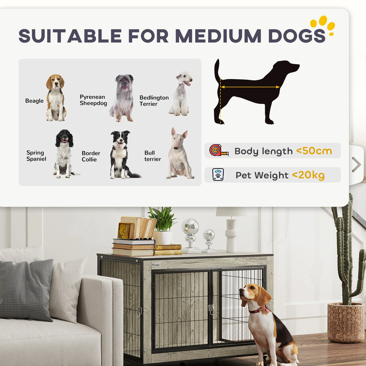 Dog Crate Furniture on Wheels, for Medium Dogs, 80 x 56 x 62.5cm