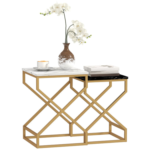 Nest of 2 Coffee Tables with Marble Effect Tops Gold Tone Steel Frames 100kg Each Black and White