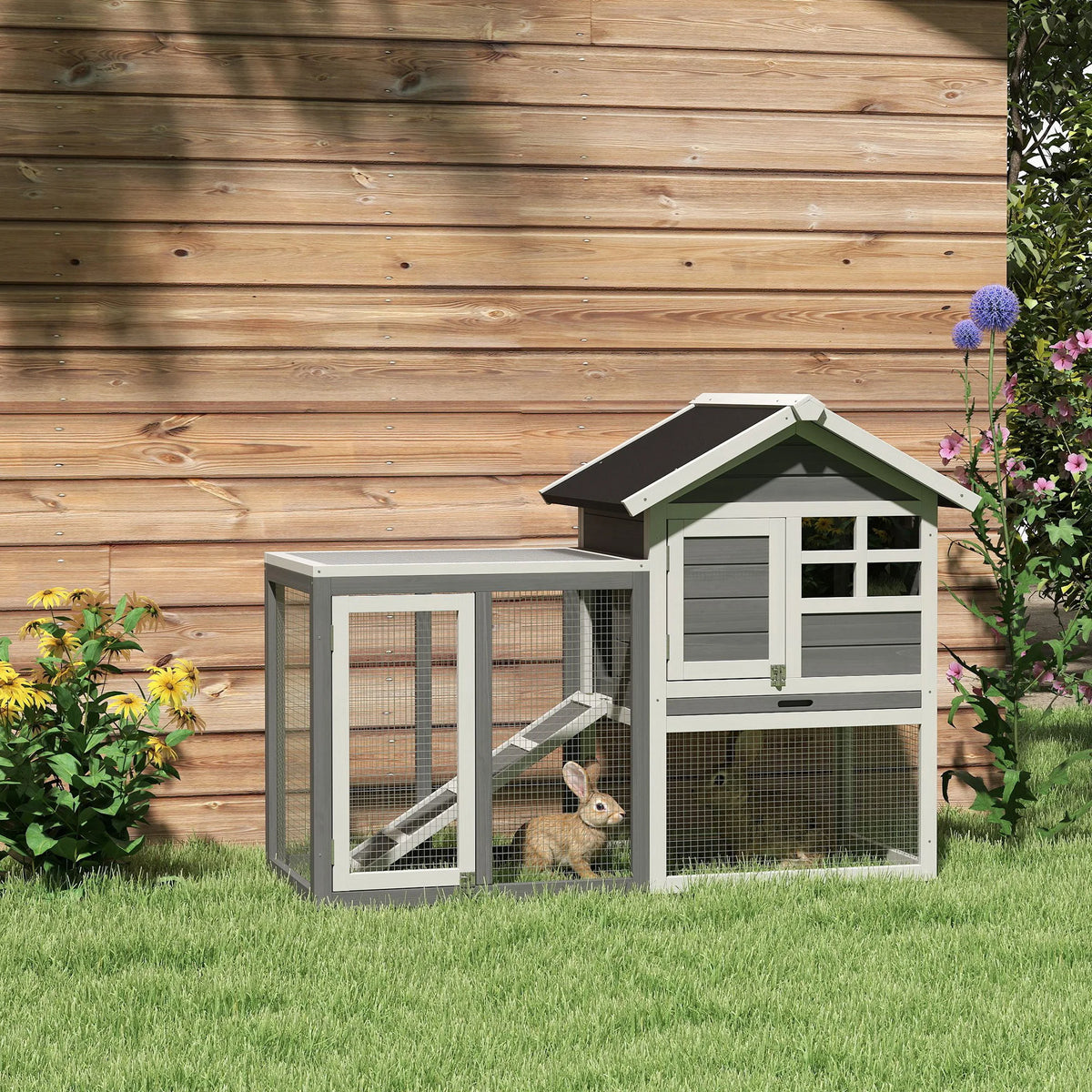 Wooden Rabbit Hutch 122cm 2 Storey Bunny Cage with Steel Wire Run Ramp Slanted Asphalt Roof and Tray