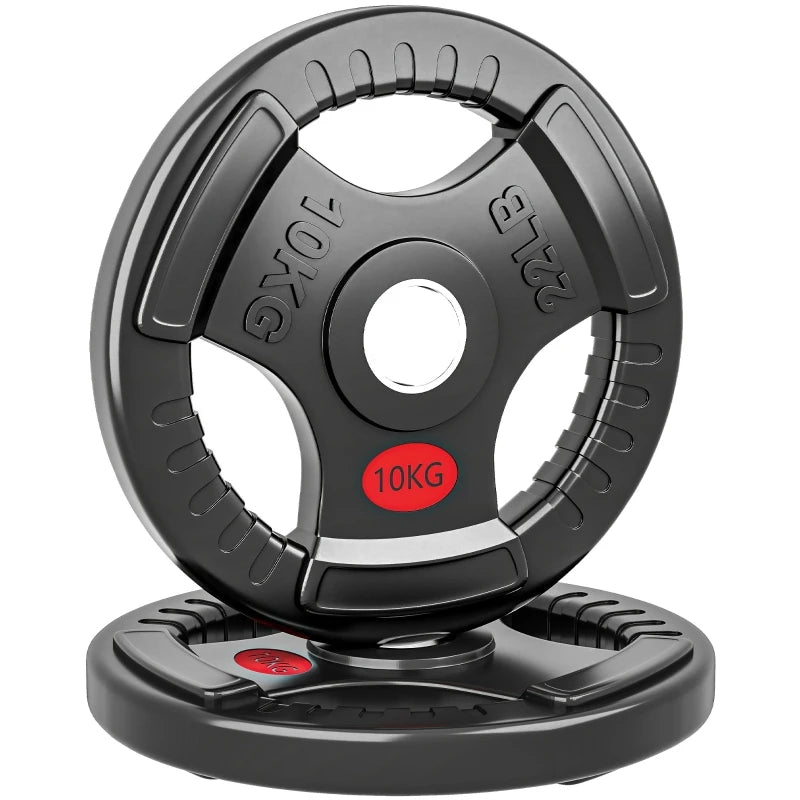 Olympic Weight Plates 2 x 10kg with Tri Grip Handles 5cm Holes Steel 32x32x4.5cm Home Gym Black