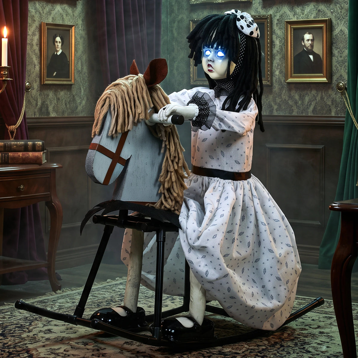 Creepy doll in a white floral dress on a rocking horse