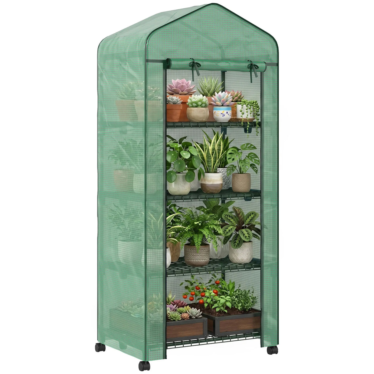 Portable 4-Tier Mini Greenhouse on Lockable Wheels with Clear Cover, Green