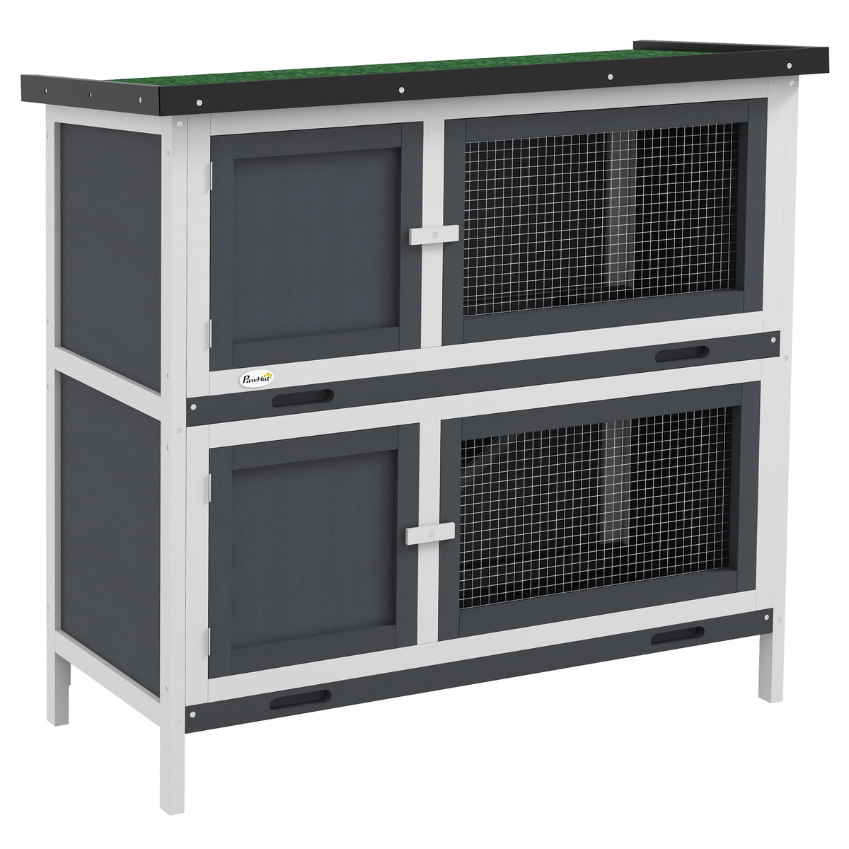 Two-Tier Wooden Rabbit Hutch with Ramp, Slide-Out Trays and Openable Roof, Grey